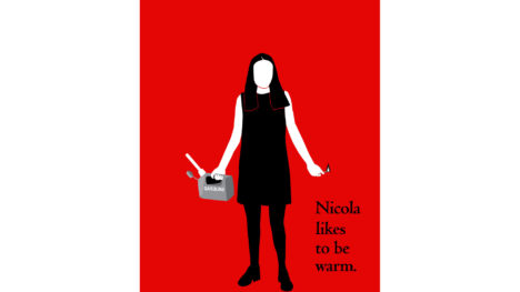 Cut paper style illustration of a faceless woman standing, holding a gas can in her right hand and a lit match in her left. The gas can says "GASOLINE" on it in gray. The background is red. The woman's skin is dead white. Her hair, dress, tights and shoes are black. To the right of the woman is black serif type: "Nicola likes to be warm"