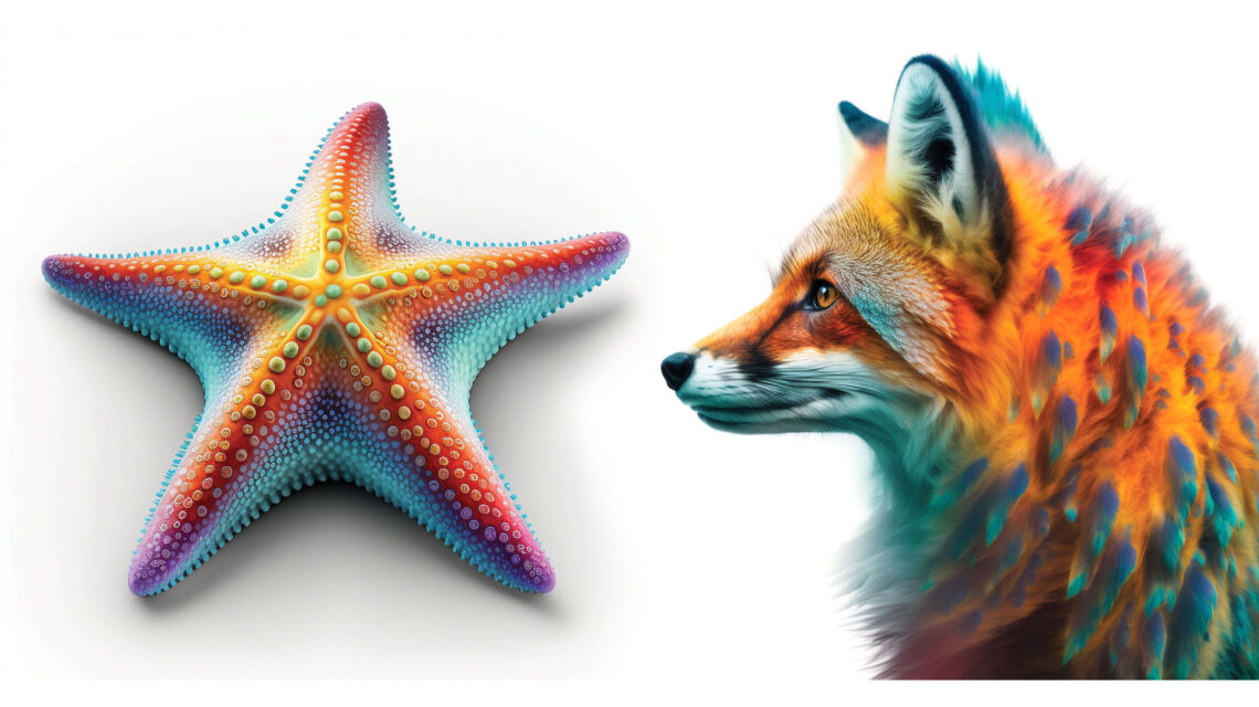 AI generated images of a starfish, viewed straight on, and the head and shoulders of an imaginary fox-bird, viewed from the side. The fox-bird has a fox's head but soft feathers around the shoulders instead of fur. Both are silhouetted against a white background, with warm orange tones and teal and blue accents.